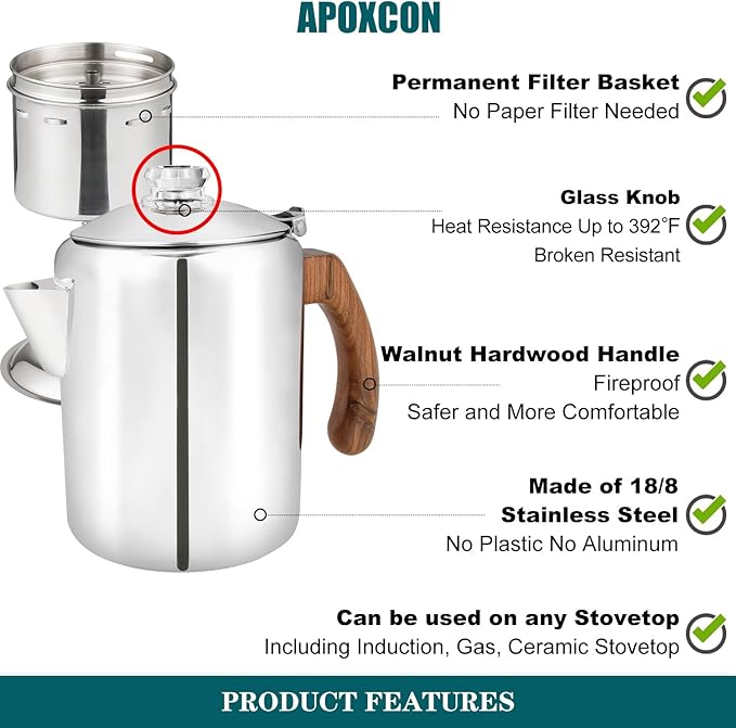 Coffee Percolator Pot Stainless Steel Coffee Maker with Tough Glass Knob & Fireproof Solid Wood Handle & Drip-Free Spout Camping Coffee Pot Using on any Stovetop NO Aluminum NO Plastic (8 Cup)