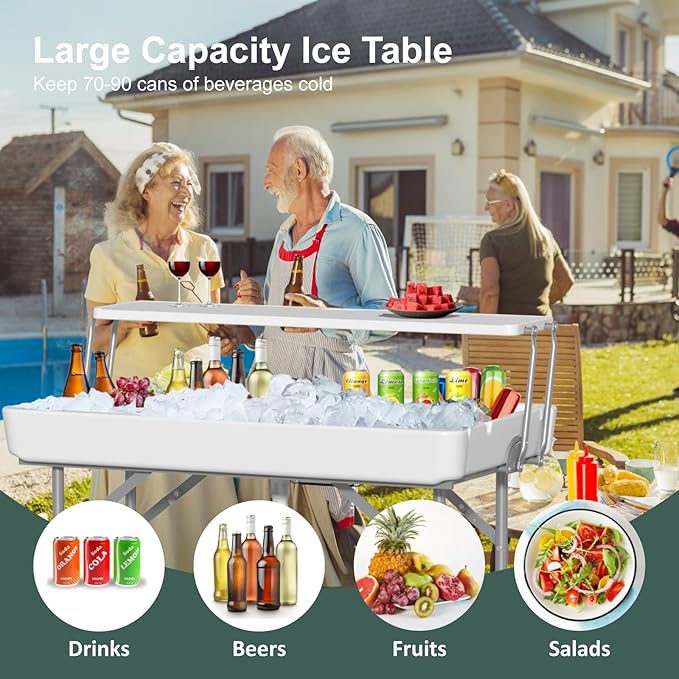 2 Tiers 4 Foot Ice Cooler Table, Folding Tailgate Camp Fishing Cleaning with Matching Skirt & Drain Hose, Plastic Ice Table for Party, BBQ, Camping, Picnic, Barbecues to Keep Drinks Cool, White