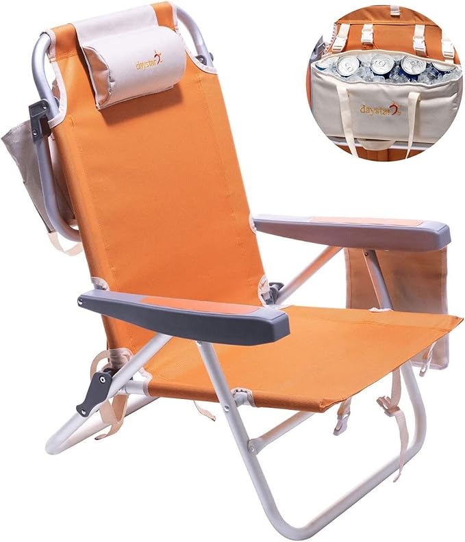 SUNNYFEEL Low Beach Chair 5 Position Lay Flat, Portable Folding Backpack Beach Chairs Heavy Duty with Cooler Bag, Cup Holder for Outdoor/Lawn/Trip/Picnic/Fishing, Foldable Camping Chair