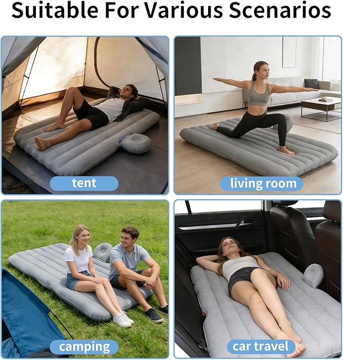 Car Air Mattress, Inflatable SUV Truck Camping Mattress for Back Seat, Thickened Travel Car Bed Sleeping Pad with Inflatable Pier Air Pump 2 Pillows (Grey)