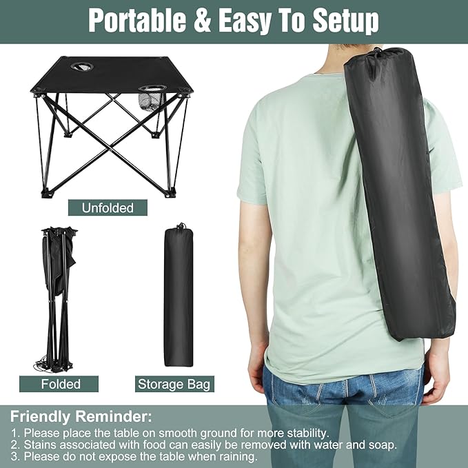 Folding Camping Table with 2 Cup Holders, Portable Picnic Table 600D Oxford Fabric, Lightweight Beach Table with Carrying Bag for Outdoor, Camping, Picnic, Beach, BBQ
