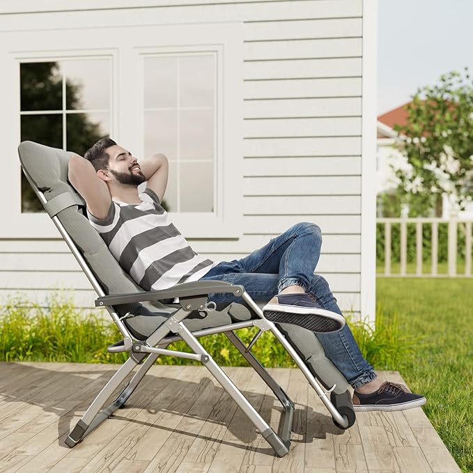 UDPATIO Zero Gravity Chair Oversized Outdoor Anti Gravity Chairs Patio Lounge Folding Adjustable Chair with Cup Holder, Foot Pad & Padded Headrest, Supports 500lbs (1, Light Gray, 33in)