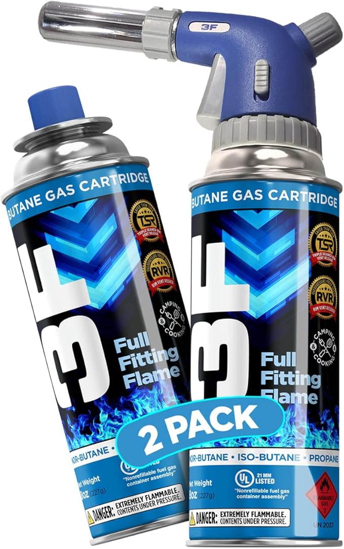 3F Culinary Professional Torch + 2 Butane Canisters Included Cooking Torch Baking Searing Campfires Charcoal Grills Camping Butane Fuel