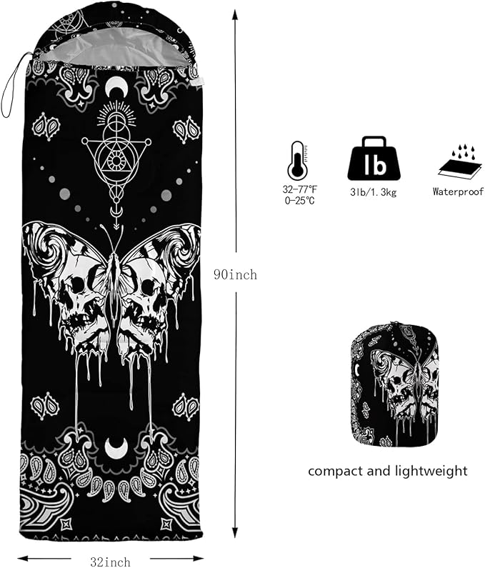 HOSIMA Butterfly Sleeping Bags for Adults and Kids for Camping,Black Gothic Ultralight Sleeping Bag for Cold Weather Summer.