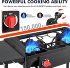 Llamaviva 2 Burner Propane Stove with Windpanel, Camping Stove with Side Shelves, 150000 BTU Propane Burners Removable Legs & Regulator Hose & Carrying Bag