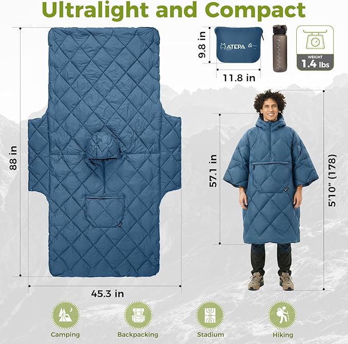 ATEPA Wearable Sleeping Bag, Recycled Warm Winter Camping Blanket Wearable Poncho for Outdoor, Stadium Sports Women Men