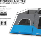CORE Instant Cabin Tents with LED Lights | 6 Person / 9 Person / 12 Person Family Multi Room Lighted Pop Up Tents for Camping | Included Storage Pockets for Camping Accessories