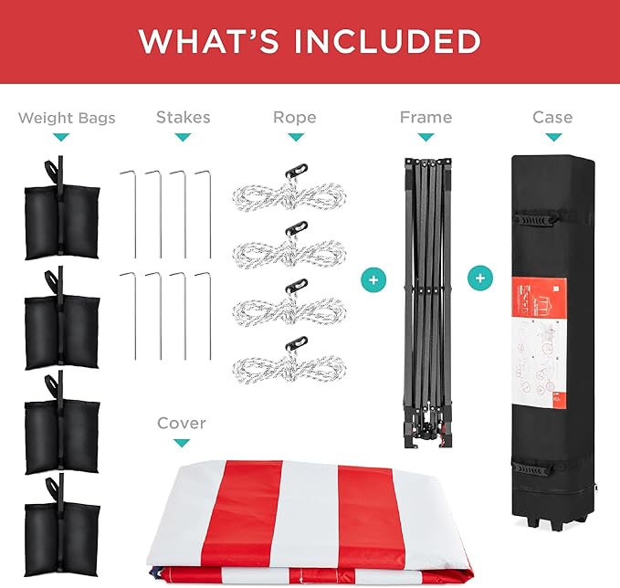 Best Choice Products 10x10ft Pop Up Canopy Tent, Outdoor Shade, 1 Person 1 Minute Set Up, Carry Case, 4 Weight Bags - American Flag