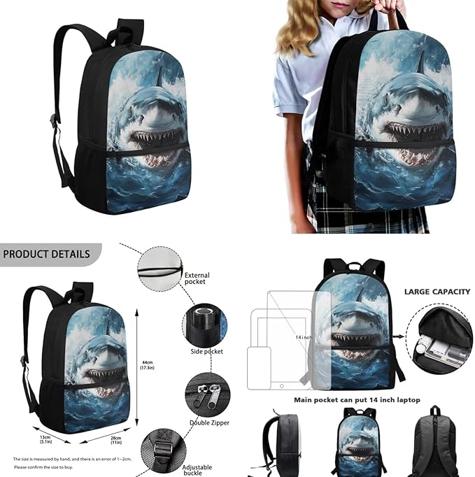 Shark School Backpack for Boys 8-12 4 in 1 Kids Bookbags with Lunch Box Water Bottle Sleeve Pencil Case 17" Cool Backpacks for Elementary Middle School Boys Schoolbag