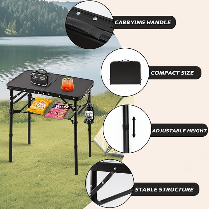 Folding Picnic Table with Storage Net, Matte Black Aluminum Folding Table 23.6" x 15.8", Adjustable Height Max 27.5", Lightweight Portable for Camping Travel Grill Indoor