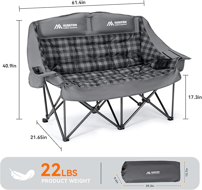Padded Double Camping Chair High Back Double Seat Camping Chair Oversized Camping Loveseat Support 800LBS Heavy Duty Camping Couch with Cup Holders, Cooler, Carry Bag, Grey
