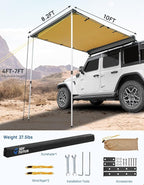 JOYTUTUS Vehicle Awning 8.2'x10' Roof Rack Pull-Out Sun Shade UV50+, Weatherproof 4x4 Side Awning for Camping, Car Sunshade with Adjustable Hardware, Quick Set-up, SUV/Truck/Van/Jeep