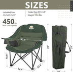 Oversized XL Padded Camping Chair Set of 2 Wide Heavy Duty Lawn Chairs Support 450 LBS Portable Folding Gaint Plus Camp Chair for Outdoor Outside Sports Baseball Soccer-Green