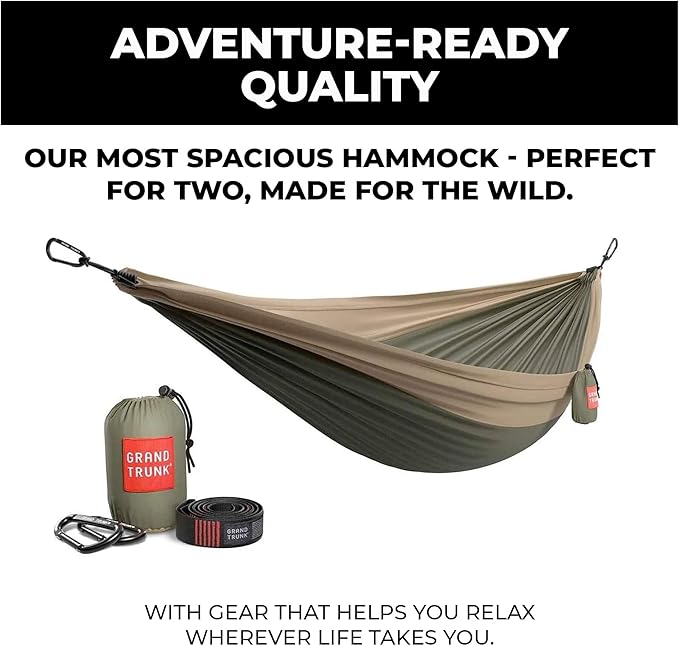 GRAND TRUNK TrunkTech Double Hammock | Ultra-Strong & Lightweight | 11 ft Hammock with Ripstop Nylon | 500 lb Capacity | Fast-Drying & Weather-Resistant | Heritage