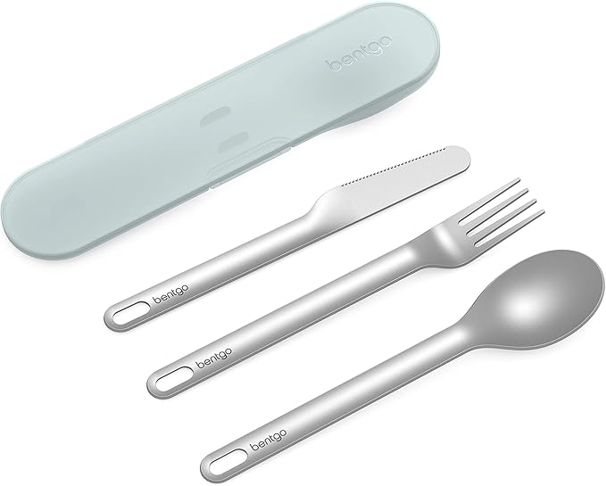 Bentgo Stainless Travel Utensil Set - Reusable 3-Piece Silverware Set with Carrying Case, High-Grade Premium Steel, BPA-Free Case, Eco-Friendly - Ideal for Travel, Camping, and Office Use (Aqua)