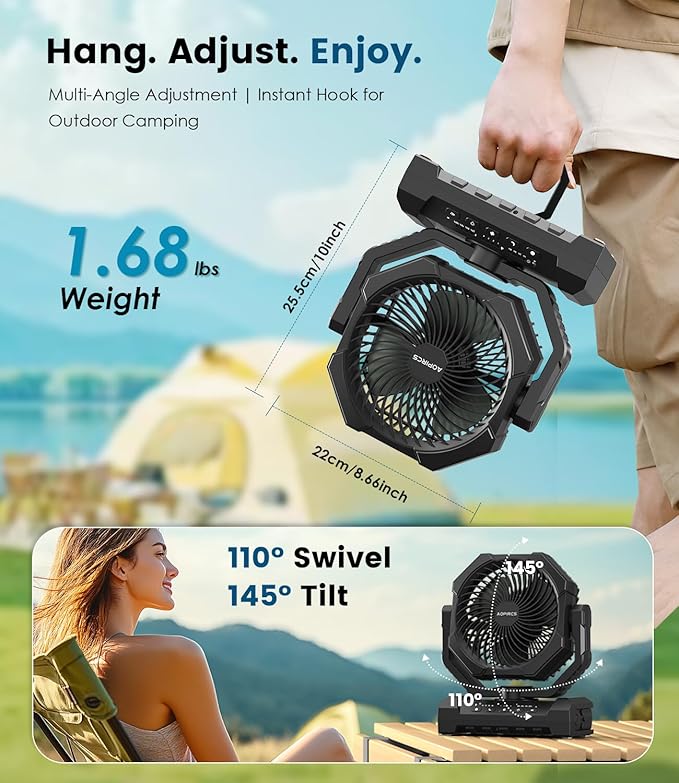 Portable Fan Rechargeable, 60H Long-Lasting Battery Powered Fan - 4 Speeds, 3 Light, Timer, Sleep Mode, Hook, Fans for Camping Gear, Travel Essentials, Tent, RV, Outdoors, Garage, Emergency