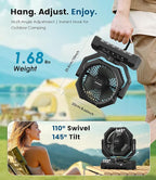 Portable Fan Rechargeable, 60H Long-Lasting Battery Powered Fan - 4 Speeds, 3 Light, Timer, Sleep Mode, Hook, Fans for Camping Gear, Travel Essentials, Tent, RV, Outdoors, Garage, Emergency