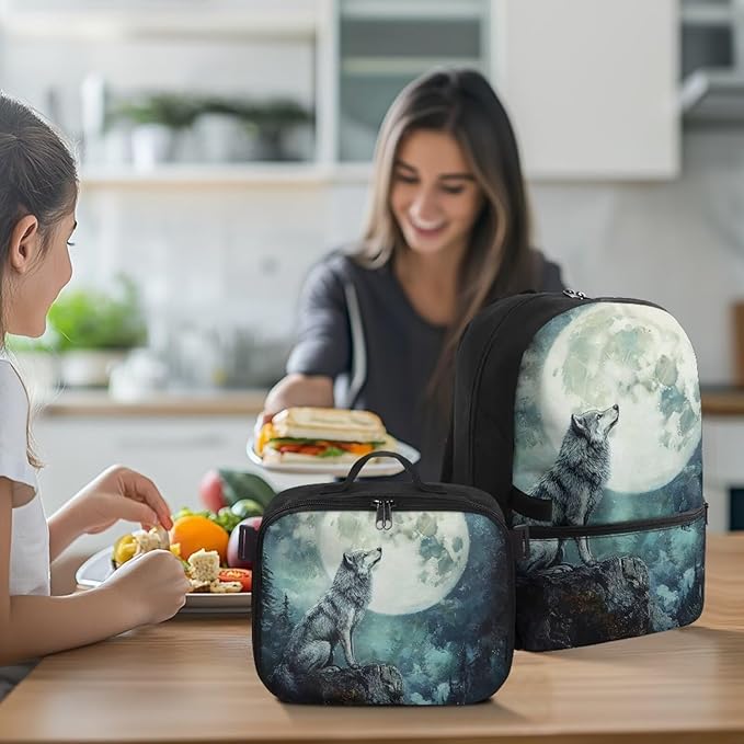 Wolf Backpack with Lunch Box for Men Large Capacity Bookbag for Teen Boys 17 Inches Polyester Book Bag with Adjustable Shoulder Strap for Outdoor