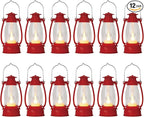 12Pcs Red Mini Lanterns for Centerpiece – Vintage Lantern Decor for Christmas, Halloween, Weddings & Western Party – Hanging Ornaments Bulk with Flicker LED Candle for Cowgirl, Camping Decor