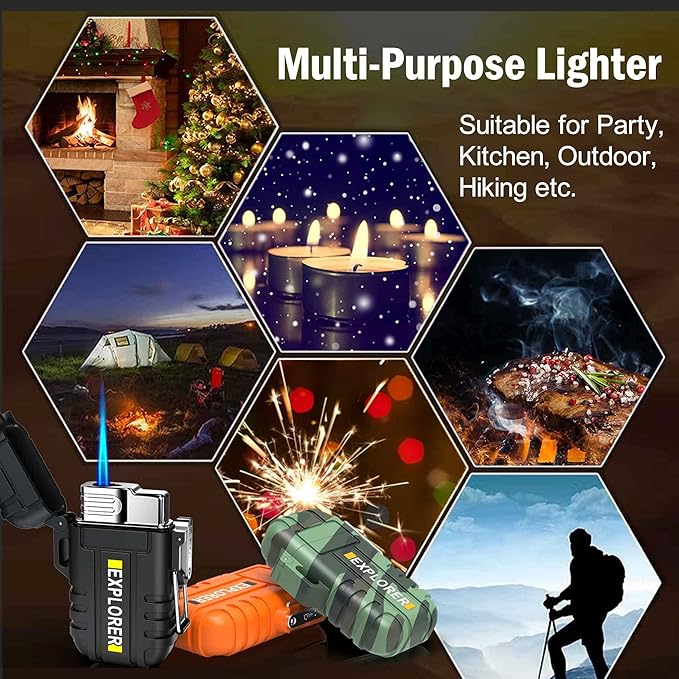 Torch Lighter, 2 Pack Butane Windproof Outdoor Gas With Adjustable Jet Flame, for Fireplace Fireworks Grill Camping BBQ, Gifts for Men (Without Gas) (Black+Black)