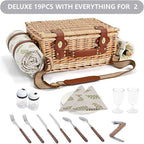 Picnic Basket with Blanket and Wine Pouch for 2, Wicker Picnic Set with Insulated Liner Cooler Bag Hamper for Camping,Wedding - Leaf