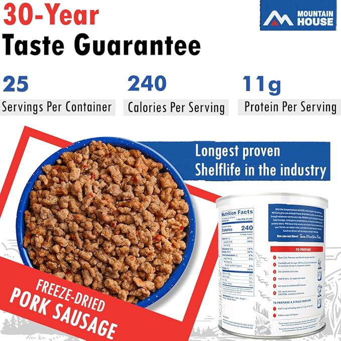 Mountain House Freeze-Dried Pork Sausage #10 Can – 150 Total Servings (6 Cans, 25 Servings Each) – Fully Cooked, Ready-to-Eat Emergency Canned Food Supply – High-Protein Survival Meat for Camping, Hiking & Long-Term Food Storage – 30-Year Taste Guarant...