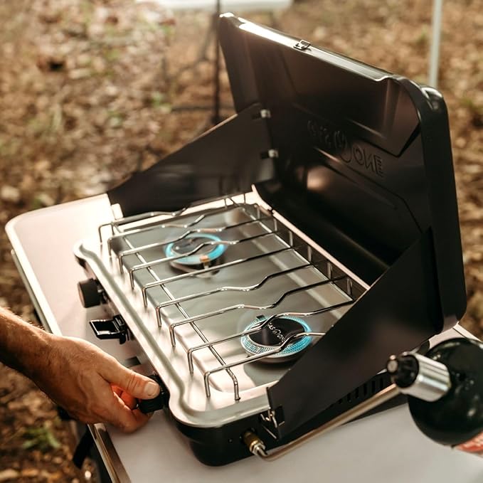 GasOne PS-2500MBA Portable Camping Stove – Double Propane Stove with Auto Twist Turn Ignition – 22,000 BTU Camping Cooktop with 2 Burners and Wind Guard – Ideal for Tailgating, Fishing, Travel