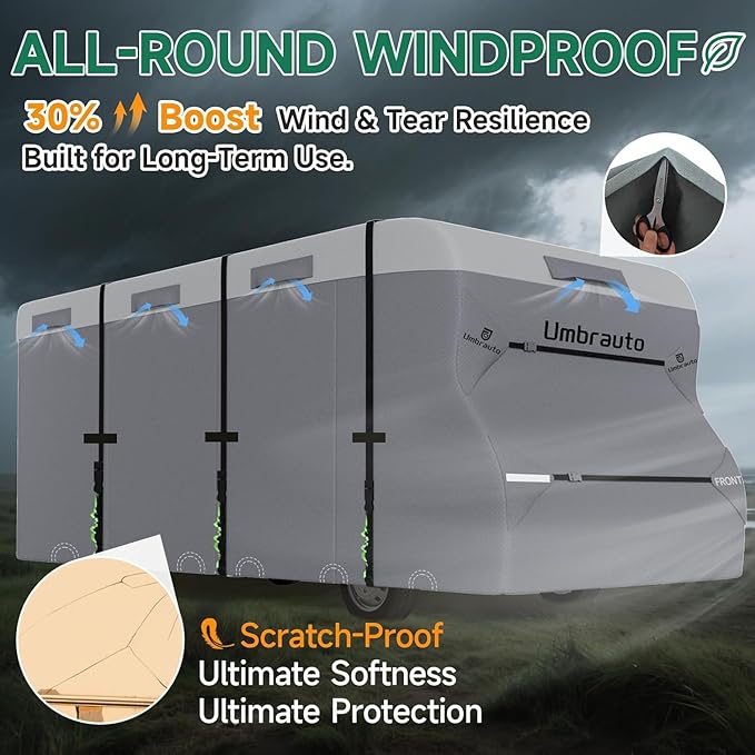 Umbrauto Class C RV Cover Fits 29-32’ Class C Motorhome Camper Cover, Upgraded Heavy Duty 7 Layers Top Windproof Breathable RV Cover with 3Pcs Extra Straps, Adhesive Repair Patches, 6 Gutter Covers