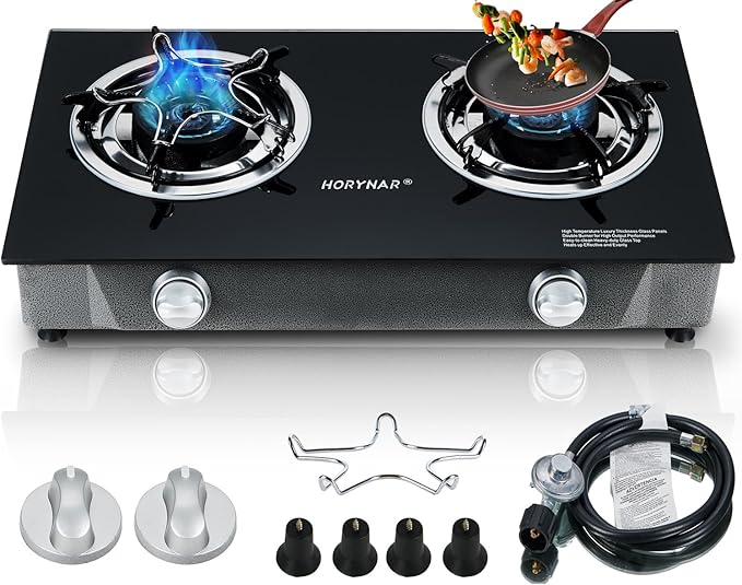 Propane Stove 2 Burner Gas Stove Auto Ignition 26000 BTU Tempered Glass Propane Burner LPG with CSA Hose for Outdoor Cooking, Emergency