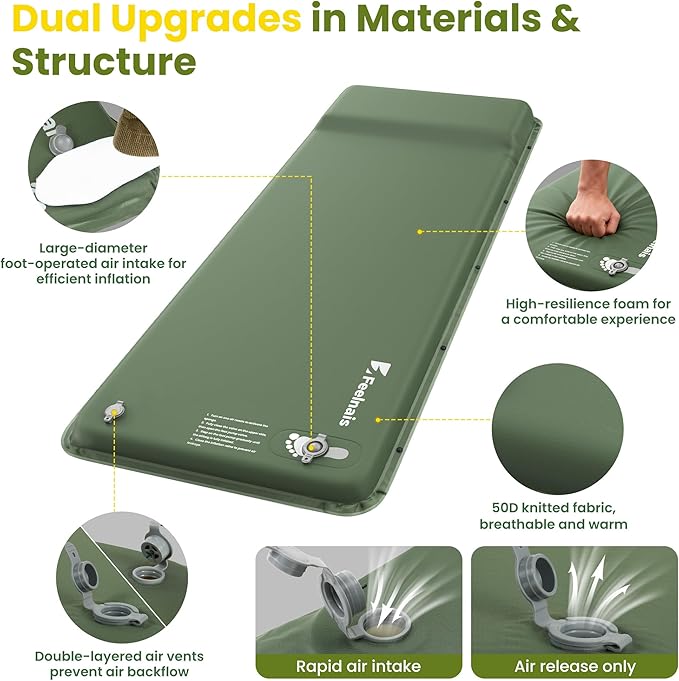 Camping Sleeping Pad, Built-in Foot Pump Inflatable Sleeping Pads, Memory Foam Mattress with Pillow, 4 Season Camping Mattress Pad, Camping Essentials Gear for Tent, Car, Hiking - Green