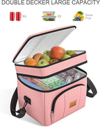 Rnivvi Lunch Box for Women, Double Decker Insulated Cooler Bag Lunch Bag Reusable Leakproof Tote Lunch Container with Strap for Work Family Picnic Hiking Camping, 18 Cans 12L, Large Adults, Rose Pink