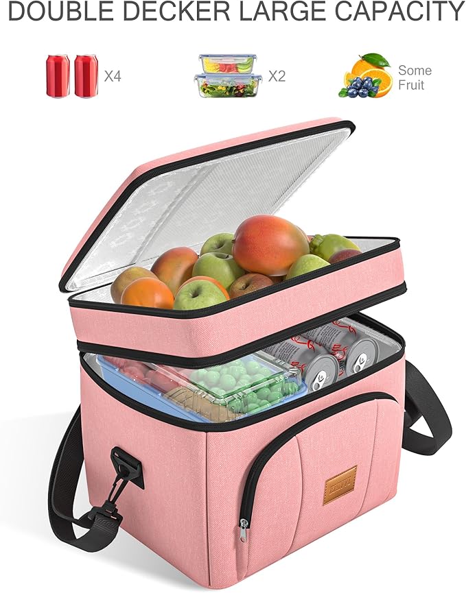 Rnivvi Lunch Box for Women, Double Decker Insulated Cooler Bag Lunch Bag Reusable Leakproof Tote Lunch Container with Strap for Work Family Picnic Hiking Camping, 18 Cans 12L, Large Adults, Rose Pink