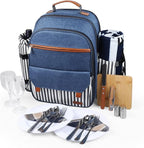 Sunflora Insulated Picnic Backpack for 2 Person Bag with Cooler Compartment, Blanket and Stainless Steel Cutlery Set for Couple, Lovers and Friends (Blue & Stripe)