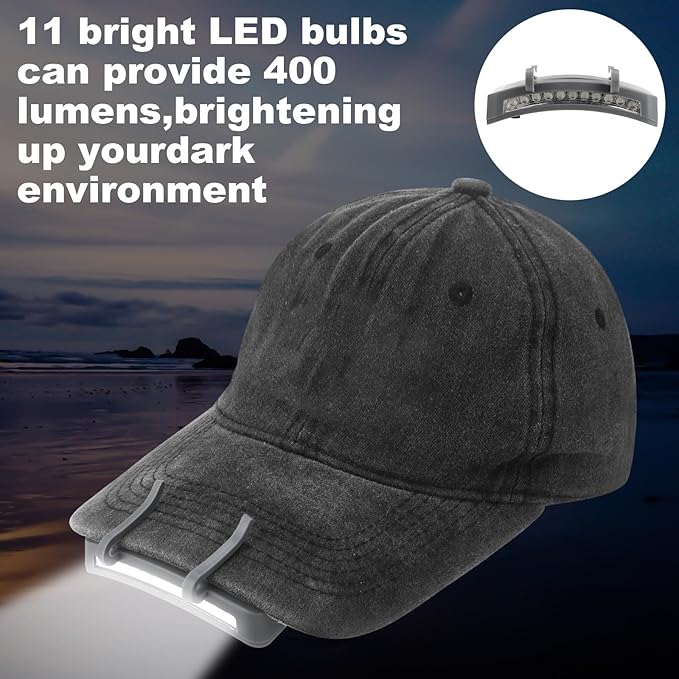 Mudder 2 Pcs Hat Light Clip 11 LED Hat Lights Clip on Headlamp Battery Powered Brim Lamp Gray Waterproof Ultra Bright Headgear Flashlight for Hunting Camping Fishing Hiking
