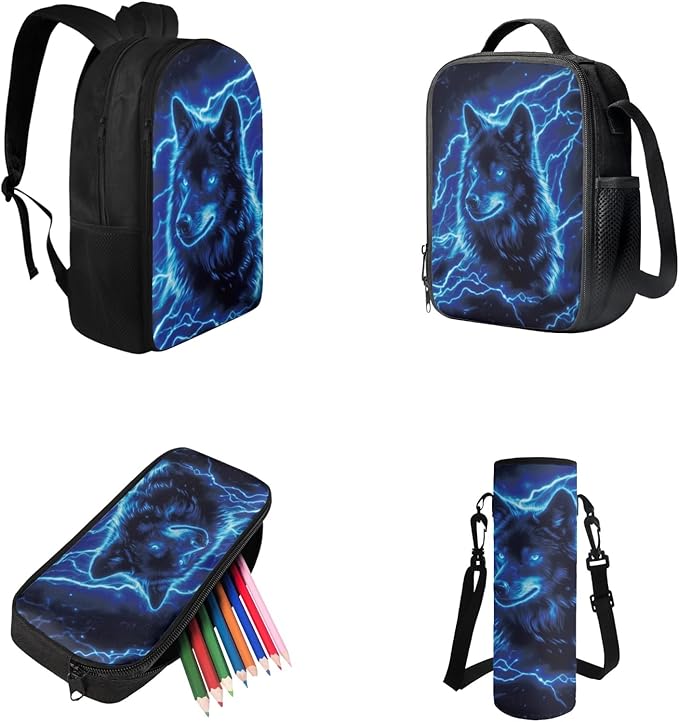 Cool Wolf Backpack Set for Boys Back to School, Backpack for 4th Grade Boys Lunch Box Water Bottle Holder Pencil Case 4 Piece Set Art School Supplies for Camping Picnic