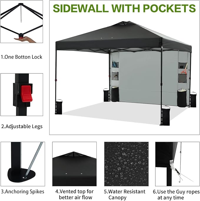 12'x12' Pop Up Canopy Tent with 1 Sidewall and 6 Pockets, One Push Setup, Instant Shade Tent with Vented Roof for Beach Patio Outdoor, Case, 8 Stakes, 4 Ropes, 4 Sandbags (Black, 12x12)