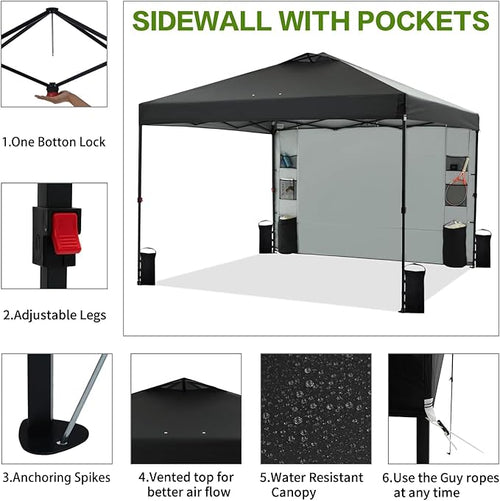 12'x12' Pop Up Canopy Tent with 1 Sidewall and 6 Pockets, One Push Setup, Instant Shade Tent with Vented Roof for Beach Patio Outdoor, Case, 8 Stakes, 4 Ropes, 4 Sandbags (Black, 12x12)