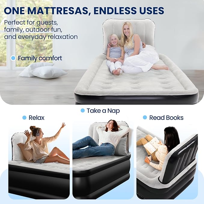 Twin Air Mattress with Headboard, Built-in Pump, 600 lbs Heavy-Duty Support, 19" Raised Comfort Design, 48-Hour Leak-Tested PVC, 2.5 Min Fast Inflation, Inflatable Mattress for Home, Guests & Camping