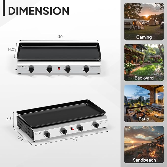 Bonnlo 4 Burner Portable Propane Griddle, 40,000BTU Gas Grill with Enameled Tray, Rolling Flat Top Gas Grill with Electronic Ignition & Regulator for Outdoor Camping Cooking BBQ