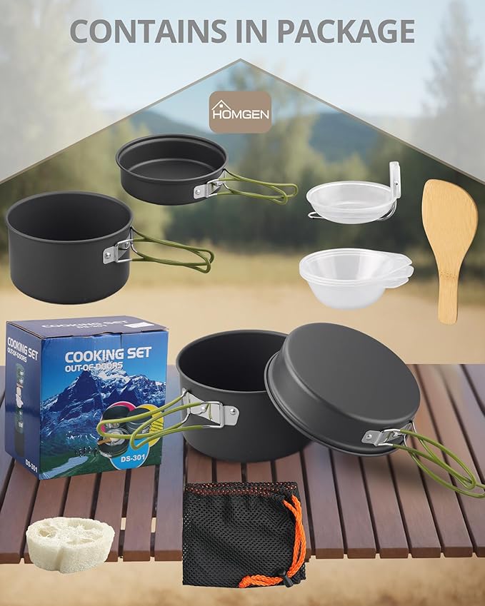 HOMGEN Portable Camping Cookware Set-Lightweight Aluminum Camp Pots and Pans Kit-Comes with Non-Stick Pots/A Frying Pan etc-Complete Camping Mess Kit for Camping/Hiking/Fishing & Other Outdoor Trip