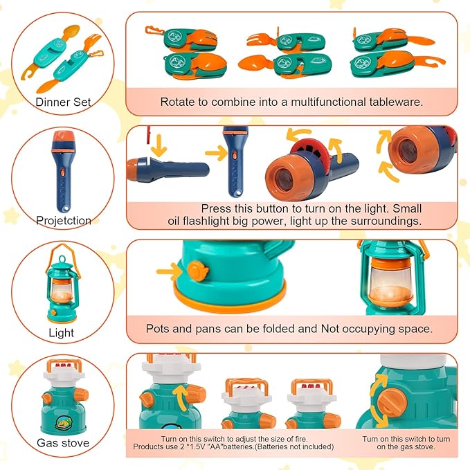Kids Camping Set Pop Up Play Tent & Space Projector Flashlight- Outdoor Campfire Toy for Toddlers Kids - Pretend Play Camp Gear Tools for Birthday Christmas