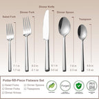 Alata Potter 60-Piece Forged Silverware Set Stainless Steel Flatware Set Cutlery Set, Service for 12, Mirror Finish, Dishwasher Safe
