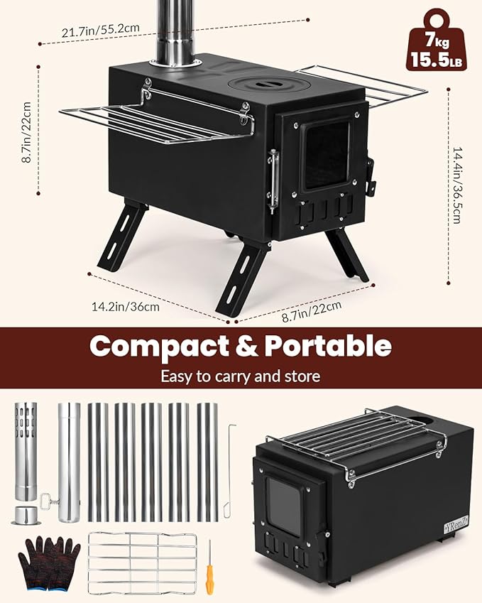 Upgraded Portable Wood Stove for Camping, Compact Tent Stove with Large Firebox, High Airtightness for Outdoor Cooking & Heating