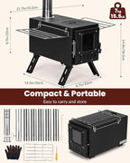 Upgraded Portable Wood Stove for Camping, Compact Tent Stove with Large Firebox, High Airtightness for Outdoor Cooking & Heating