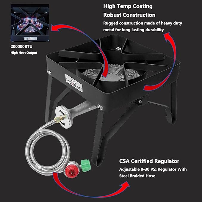 High Pressure 200000 BTU Banjo 1-Burner Outdoor Propane Burner Gas Cooker with 0-30 PSI Adjustable Regulator and Steel Braided Hose (Balck) SA1250