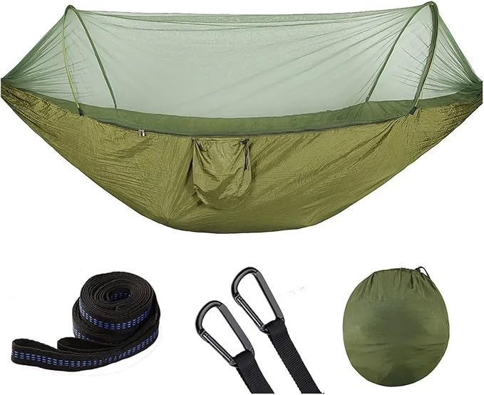 Compatible For Camping Hammock With Mosquito Net Pop-Up Light Portable Outdoor Parachute Hammocks Swing Sleeping Hammock Camping Stuff(Army Green)