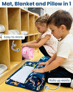 Toddler Nap Mat with Pillow and Minky Blanket, Large 55"x38" Sleeping Bag, Washable, Lightweight, Easy to Roll, Perfect for Preschool, Daycare, Kindergarten, Travel, Boys and Girls-Dinosaur