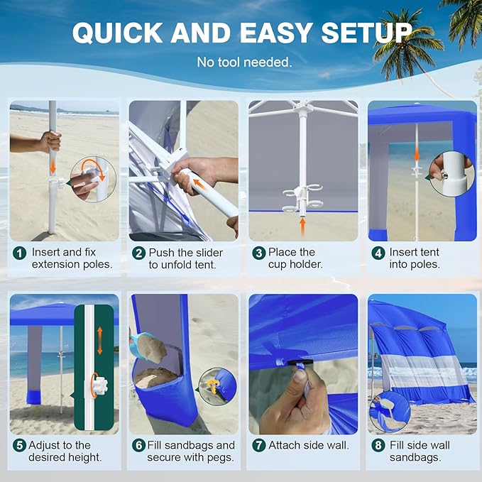 Rhino Valley Beach Cabana, 8*8FT Beach Tent UPF50+ Protection, Easy Setup Beach Canopy Wind Resistant with Cup Holder,Compact Beach Shade Foldable Beach Tent Sun Shelter for Whole Family Friend,Indigo