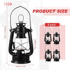 Hortsun 8 Pcs 8 Inch Vintage LED Hurricane Lantern Metal Black Outdoor Battery Operated Hanging Lantern with Warm LEDs and Dimmer Switch for Indoor Rustic Farmhouse Country Camping Decor