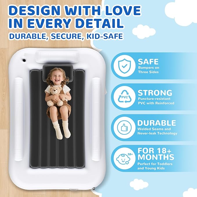 Inflatable Toddler Travel Bed - 60 Inches Portable Toddler Bed for Travel with Safety Sides - Cozy Kids Air Mattress Set with High-Speed Pump & Carry Case - Lightweight & Easy to Inflate -Grey